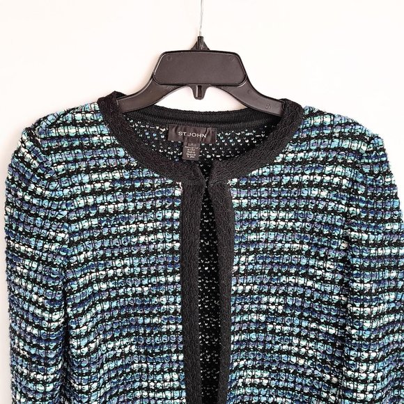 St John Boucle Knit Open Front Hook & Eye Jacket Womens 4 Teal - Picture 2 of 7